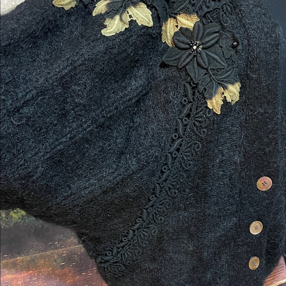 Vintage Rose Song Lined Wool Appliqué Jacket Sweater – Black Floral Beaded - Picture 6 of 17